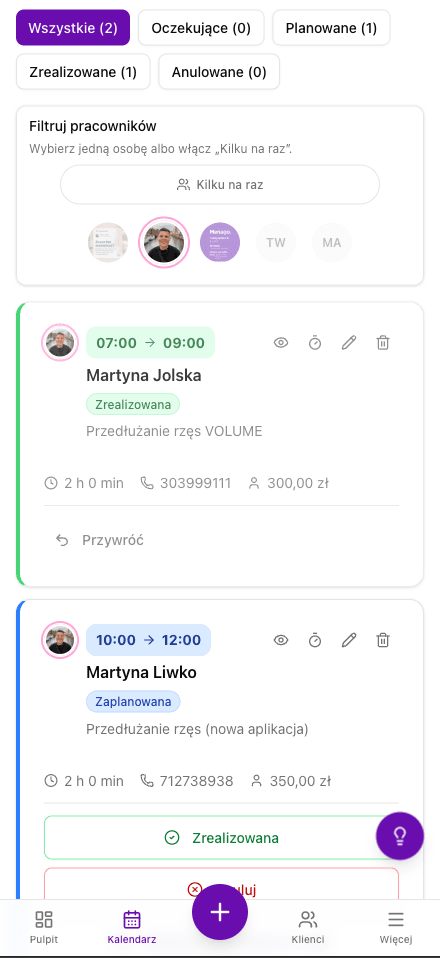 Lista wizyt na wybrany dzień w kalendarzu Menago. Przykładowe dane, nie prawdziwy salon.